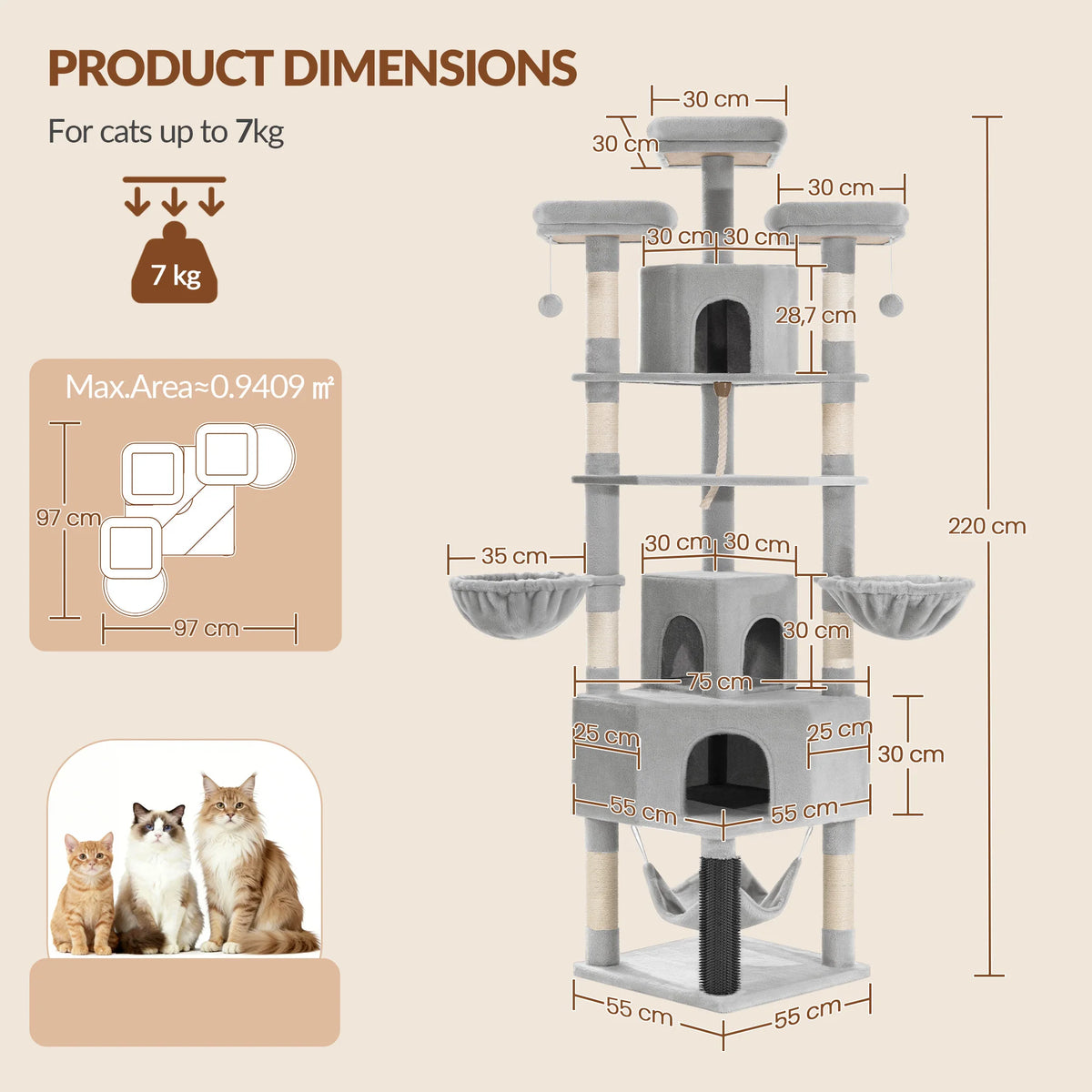 Arbre à Chat 220 cm — 3 Niches 8 Poteaux Sisal Hamac Charge 40 kg — Arbre à Chat CATLYX