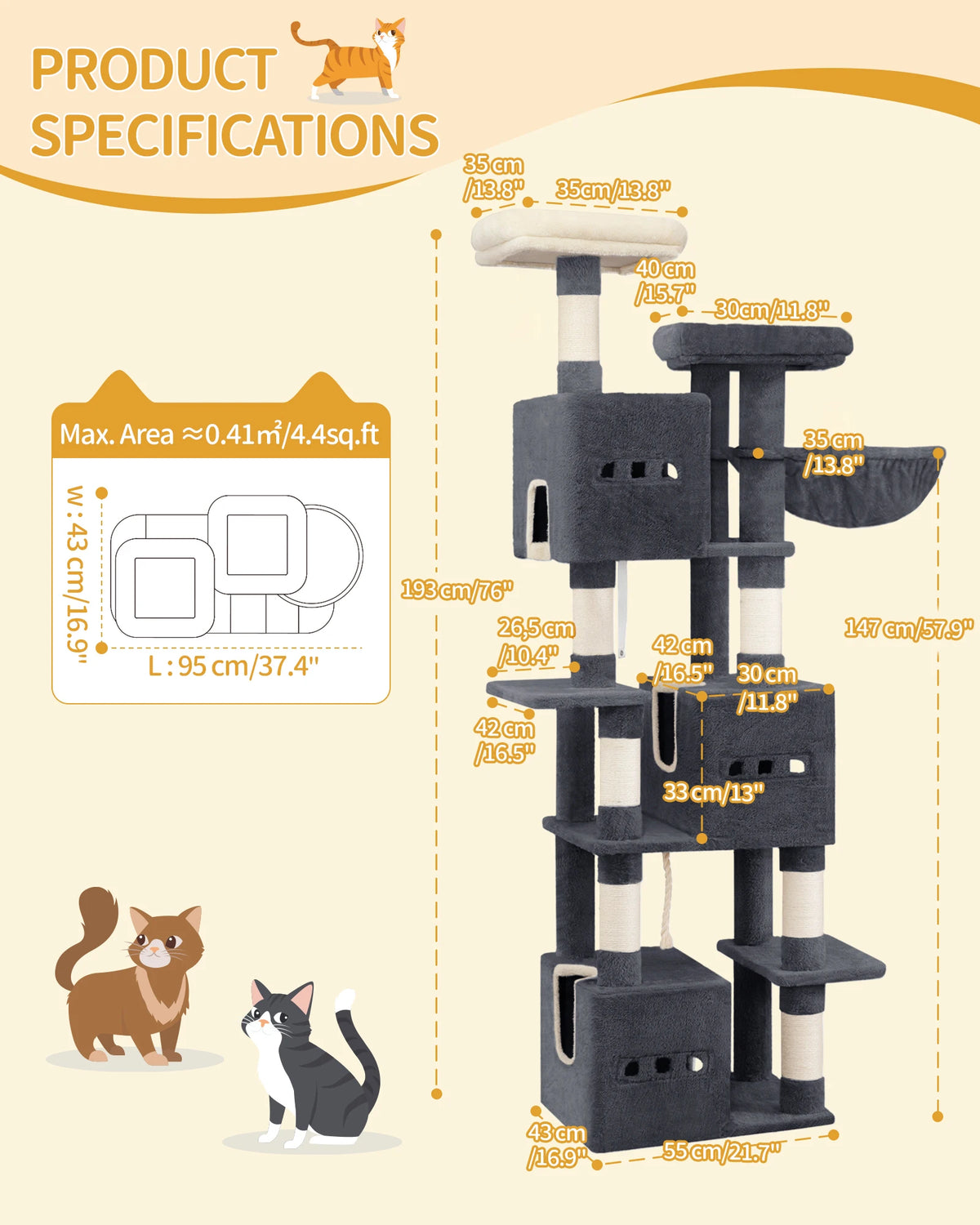 Arbre à Chat 193 cm XXL — 7 Niveaux 3 Condos 6 Poteaux Sisal Charge 60 kg — Arbre à Chat CATLYX