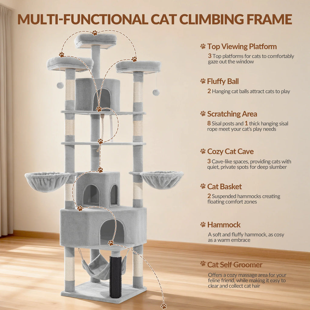 Arbre à Chat 220 cm — 3 Niches 8 Poteaux Sisal Hamac Charge 40 kg — Arbre à Chat CATLYX