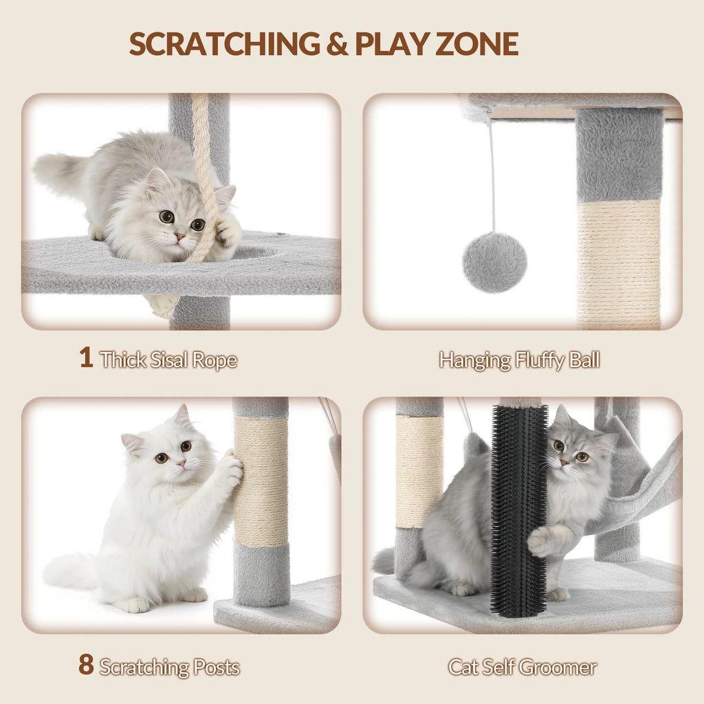 Arbre à Chat 220 cm — 3 Niches 8 Poteaux Sisal Hamac Charge 40 kg — Arbre à Chat CATLYX