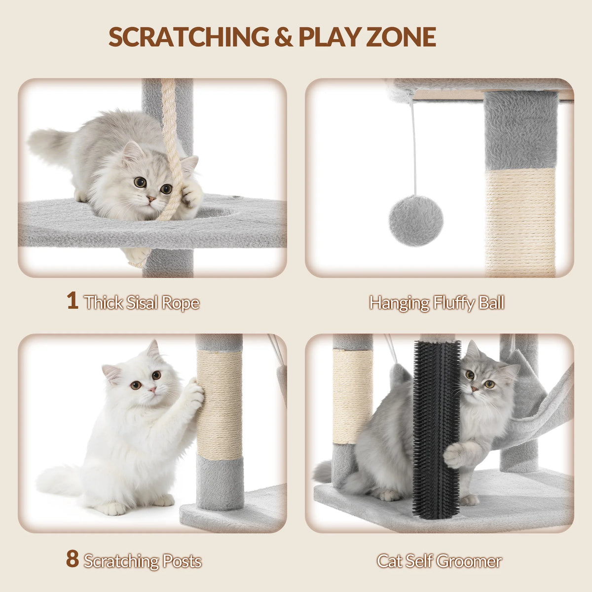 Arbre à Chat 220 cm — 3 Niches 8 Poteaux Sisal Hamac Charge 40 kg — Arbre à Chat CATLYX