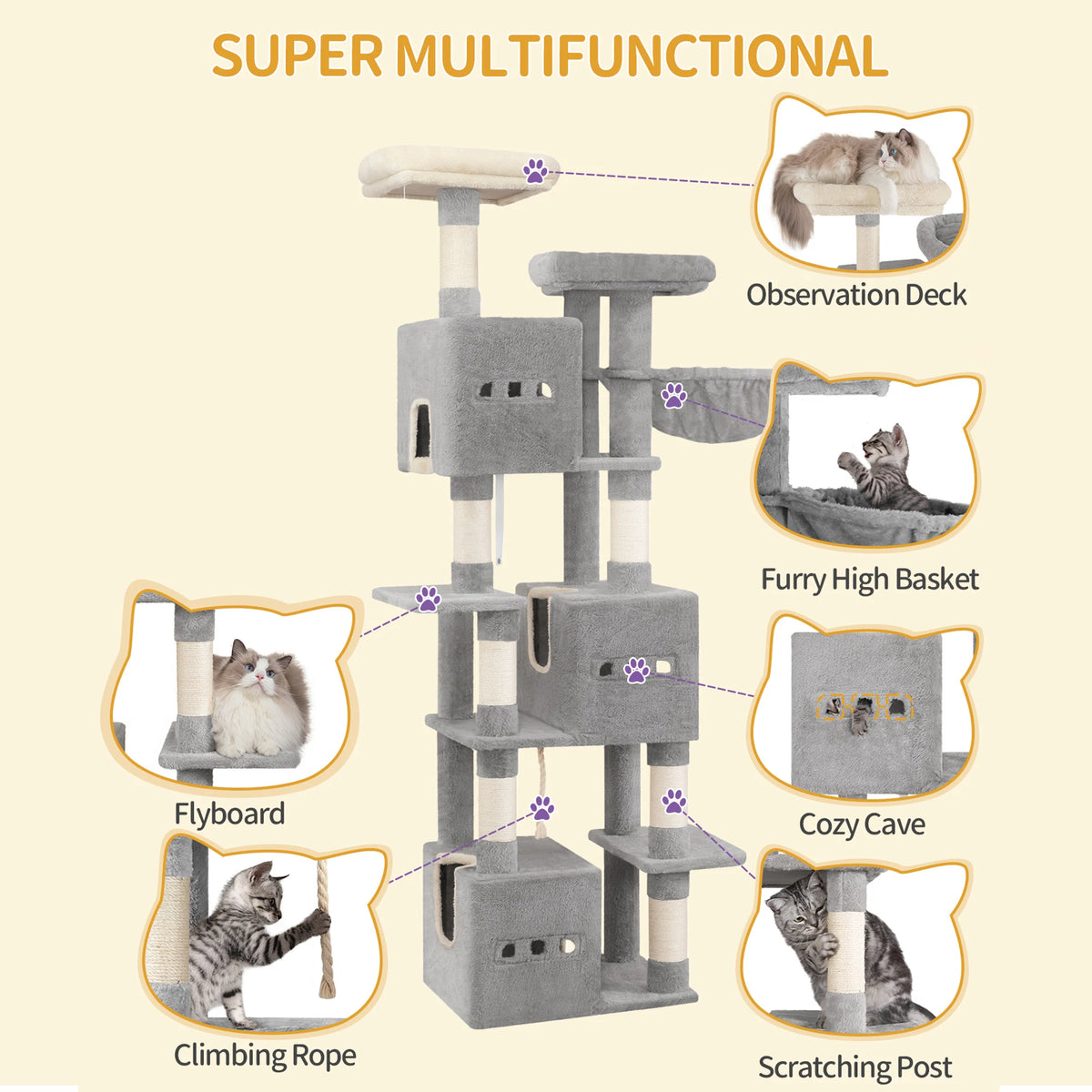Arbre à Chat 193 cm XXL — 7 Niveaux 3 Condos 6 Poteaux Sisal Charge 60 kg — Arbre à Chat CATLYX