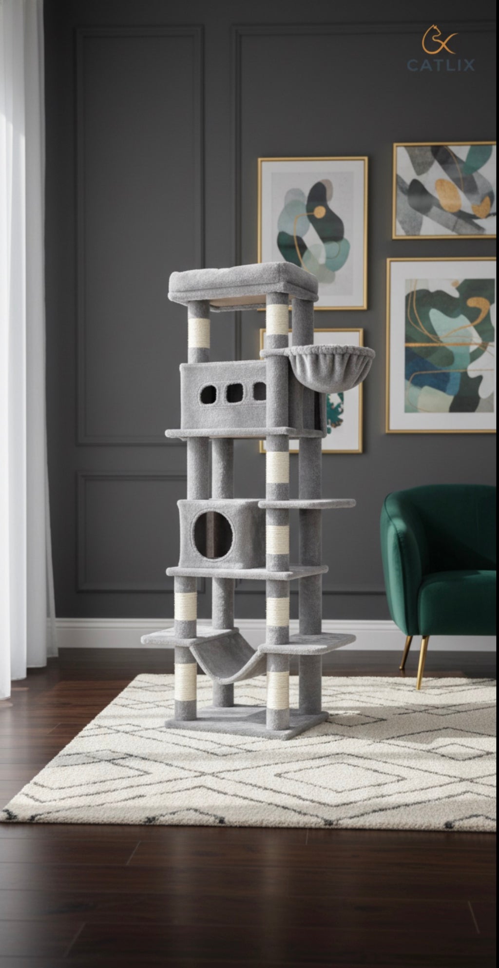 Arbre à Chat 170 cm — 6 Niveaux 8 Griffoirs Sisal Plateforme Lavable — Arbre à Chat CATLYX