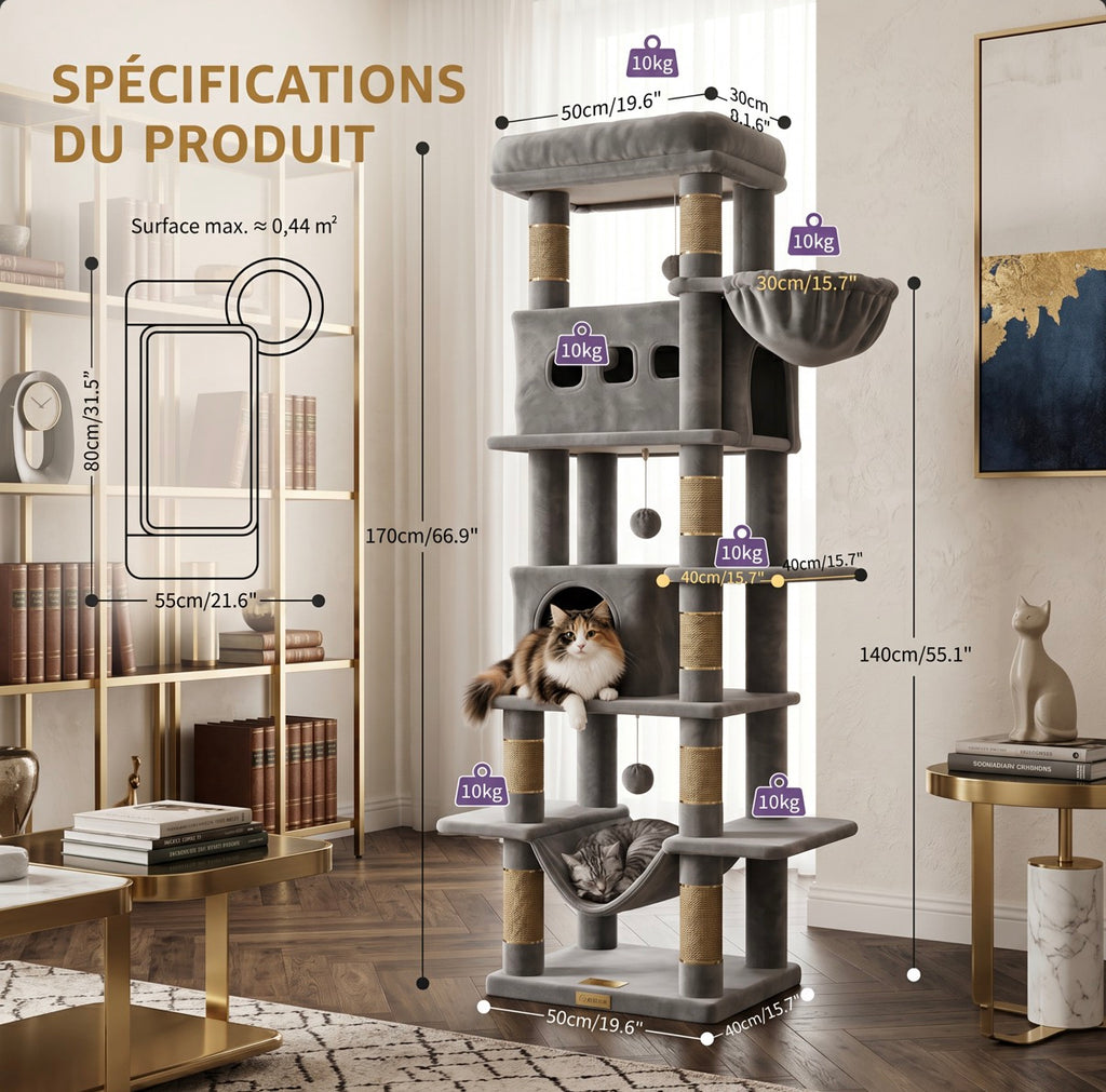 Arbre à Chat 170 cm — 6 Niveaux 8 Griffoirs Sisal Plateforme Lavable — Arbre à Chat CATLYX