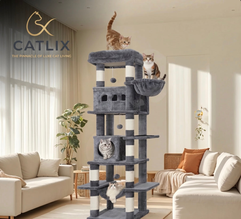 Arbre à Chat 210 cm — 6 Niveaux 8 Griffoirs Sisal Condo 4 Pompons Charge 80 kg — Arbre à Chat CATLYX