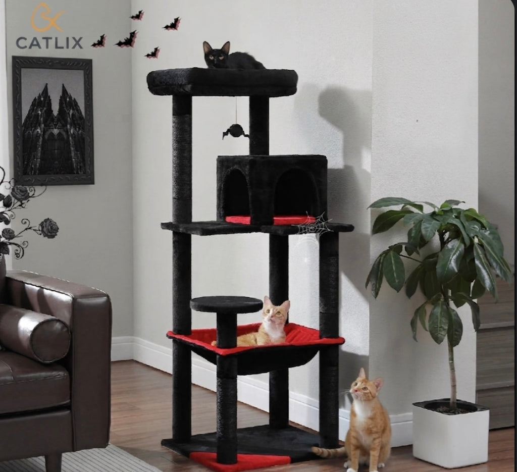 Arbre à Chat 143 cm — 5 Niveaux Grand Hamac 50x45 cm 4 Poteaux Sisal Condo — Arbre à Chat CATLYX