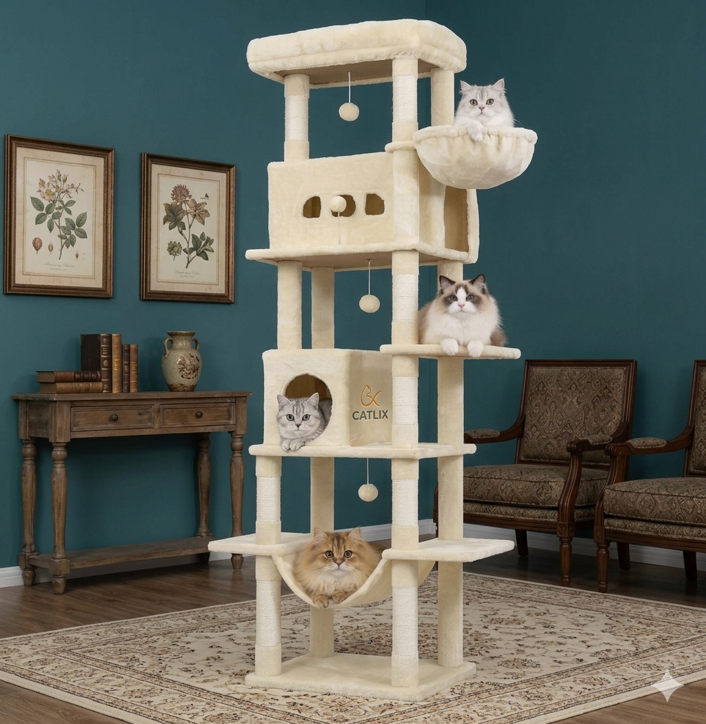 Arbre à Chat 210 cm — 6 Niveaux 8 Griffoirs Sisal Condo 4 Pompons Charge 80 kg — Arbre à Chat CATLYX