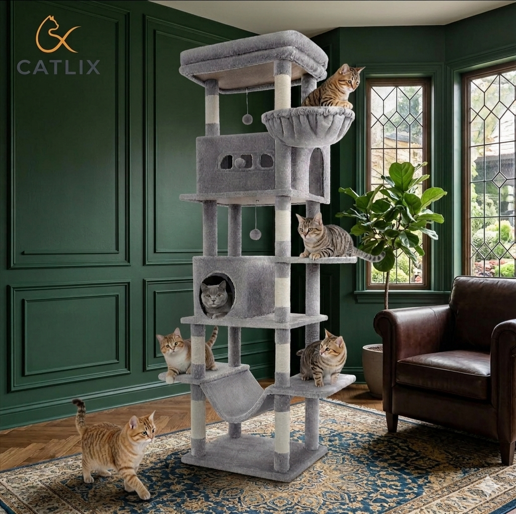 Arbre à Chat 210 cm — 6 Niveaux 8 Griffoirs Sisal Condo 4 Pompons Charge 80 kg — Arbre à Chat CATLYX