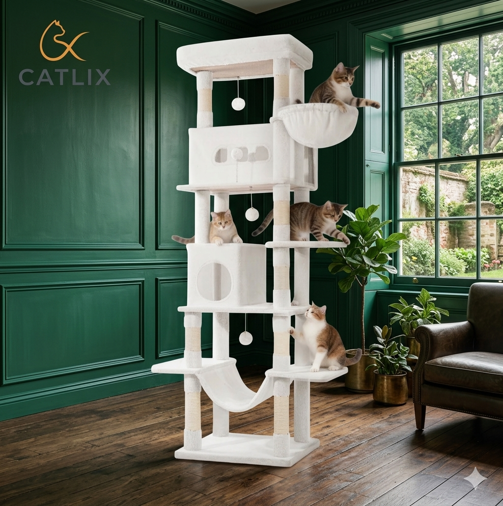 Arbre à Chat 210 cm — 6 Niveaux 8 Griffoirs Sisal Condo 4 Pompons Charge 80 kg — Arbre à Chat CATLYX