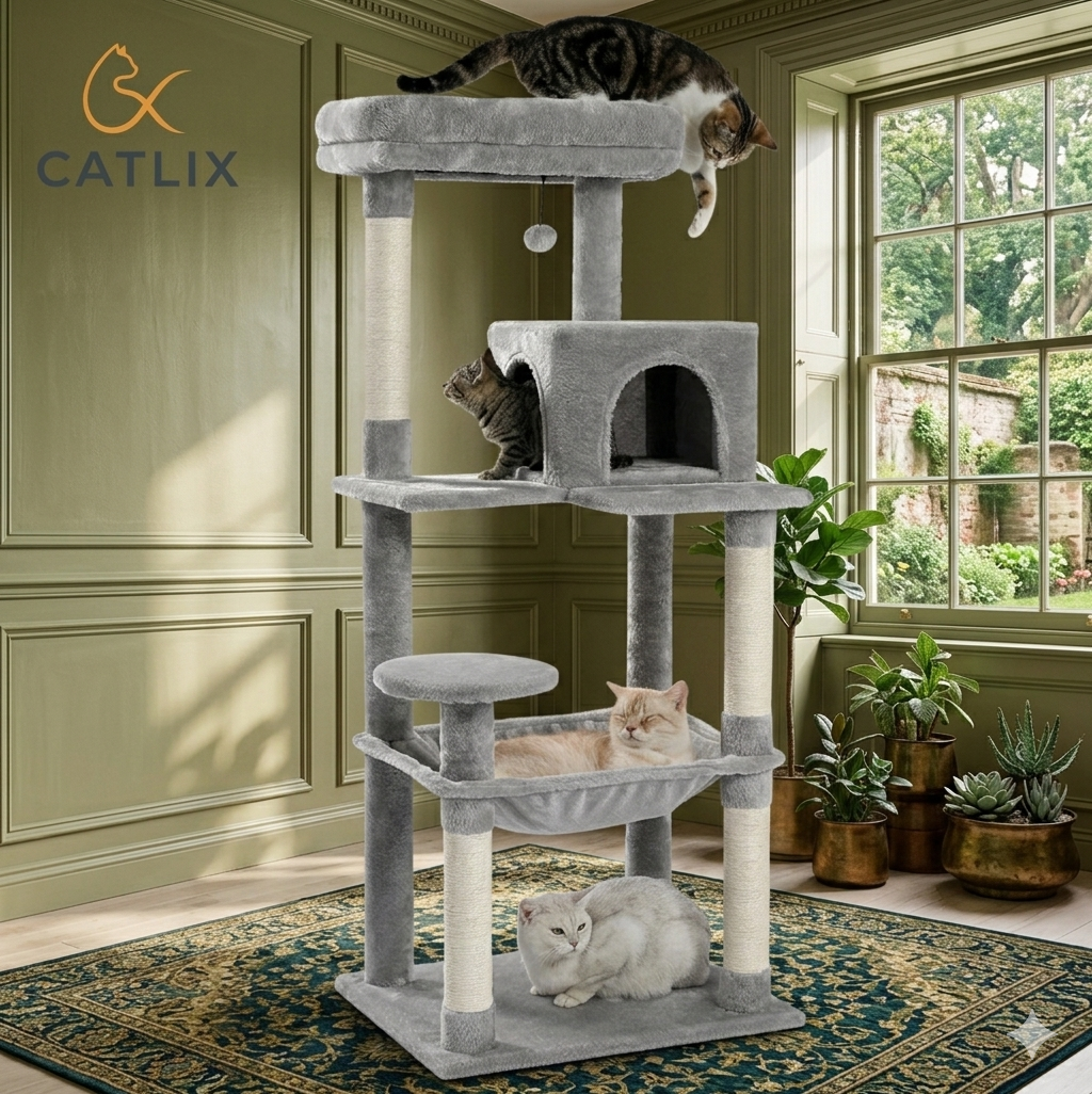 Arbre à Chat 143 cm — 5 Niveaux Grand Hamac 50x45 cm 4 Poteaux Sisal Condo — Arbre à Chat CATLYX