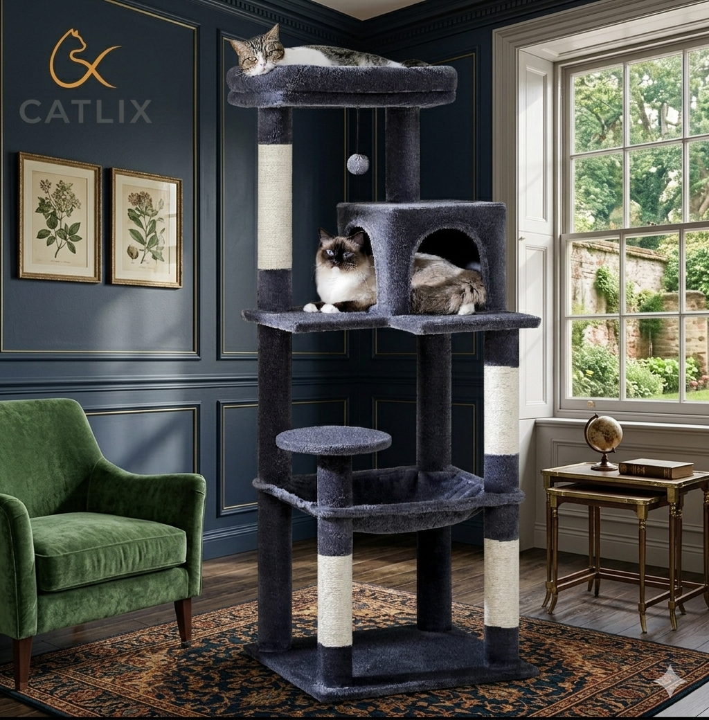 Arbre à Chat 143 cm — 5 Niveaux Grand Hamac 50x45 cm 4 Poteaux Sisal Condo — Arbre à Chat CATLYX