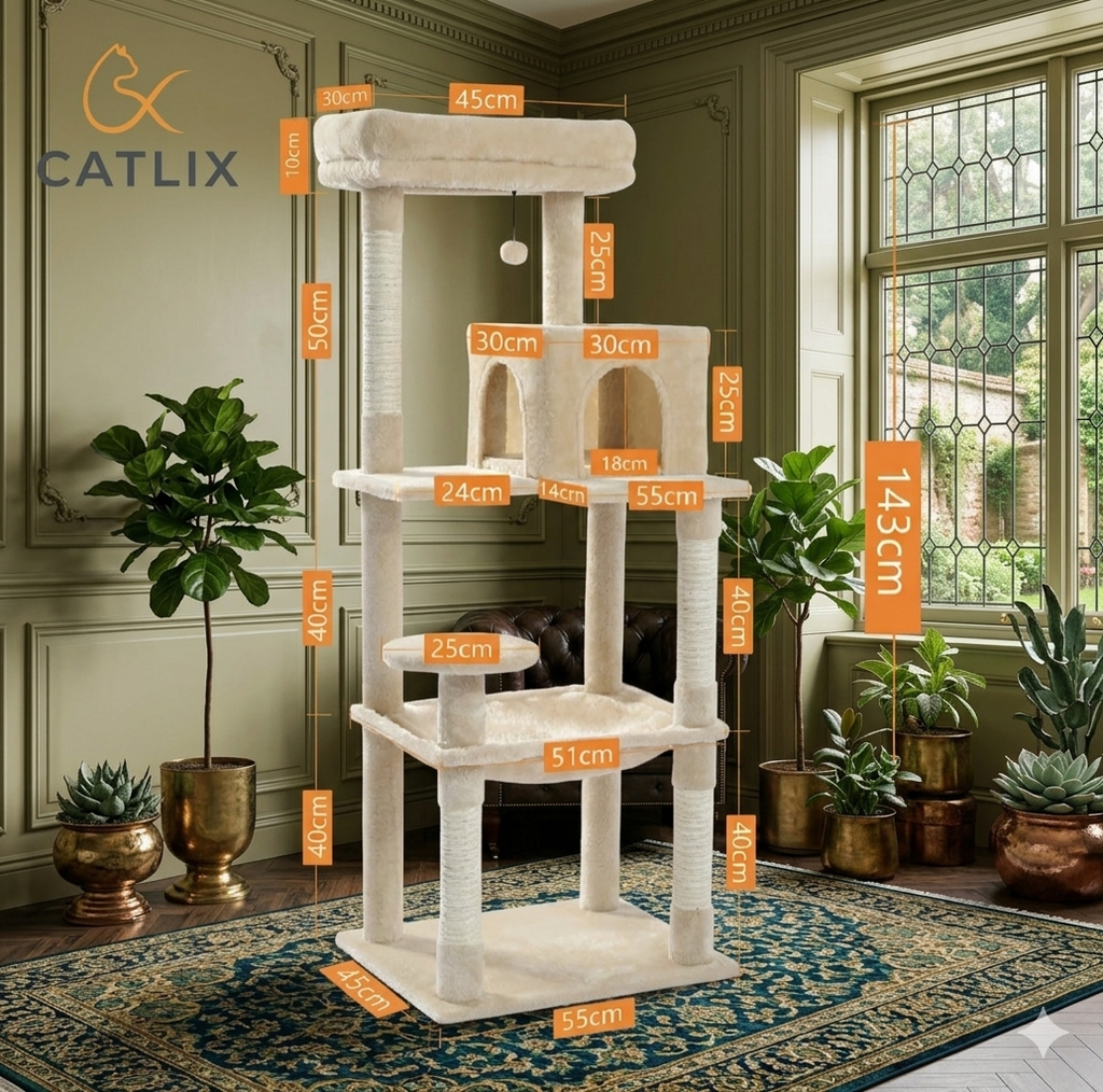 Arbre à Chat 143 cm — 5 Niveaux Grand Hamac 50x45 cm 4 Poteaux Sisal Condo — Arbre à Chat CATLYX