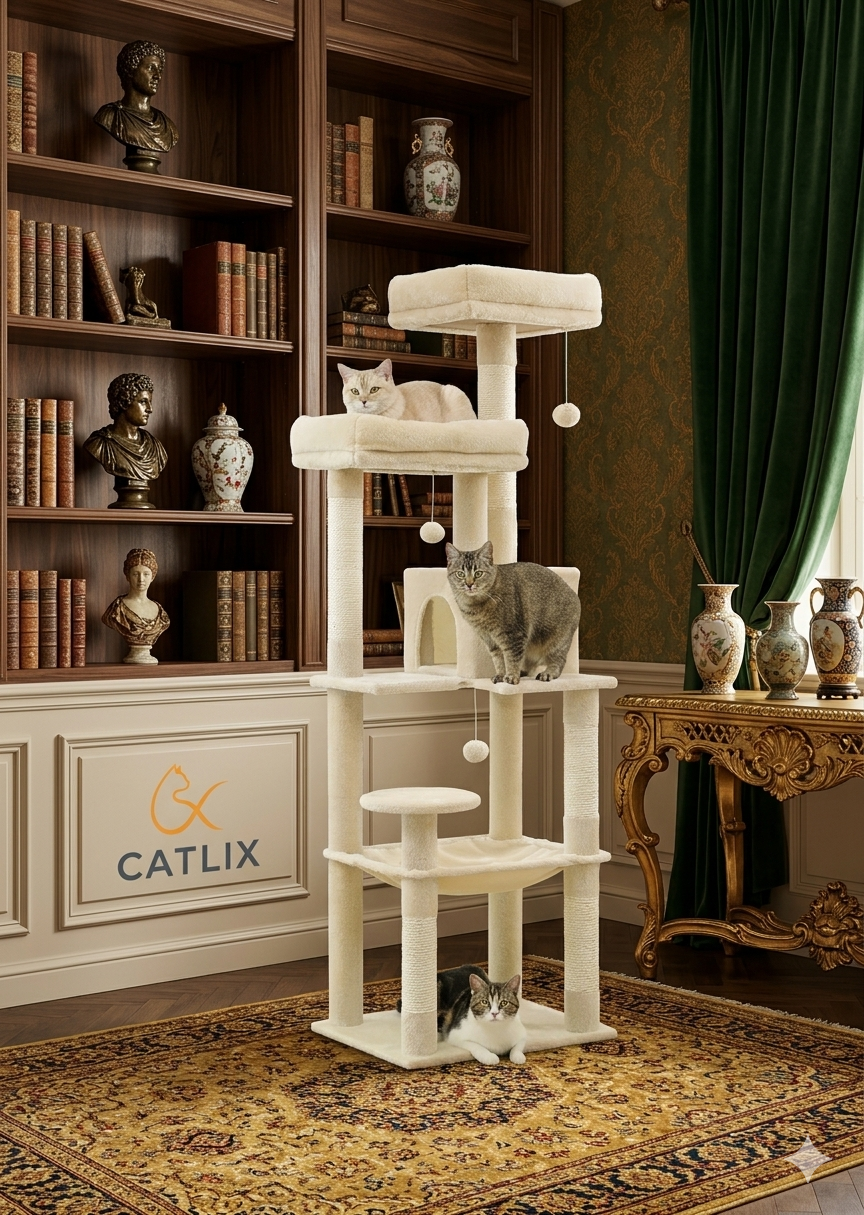 Arbre à Chat 143 cm — 5 Niveaux Grand Hamac 50x45 cm 4 Poteaux Sisal Condo — Arbre à Chat CATLYX