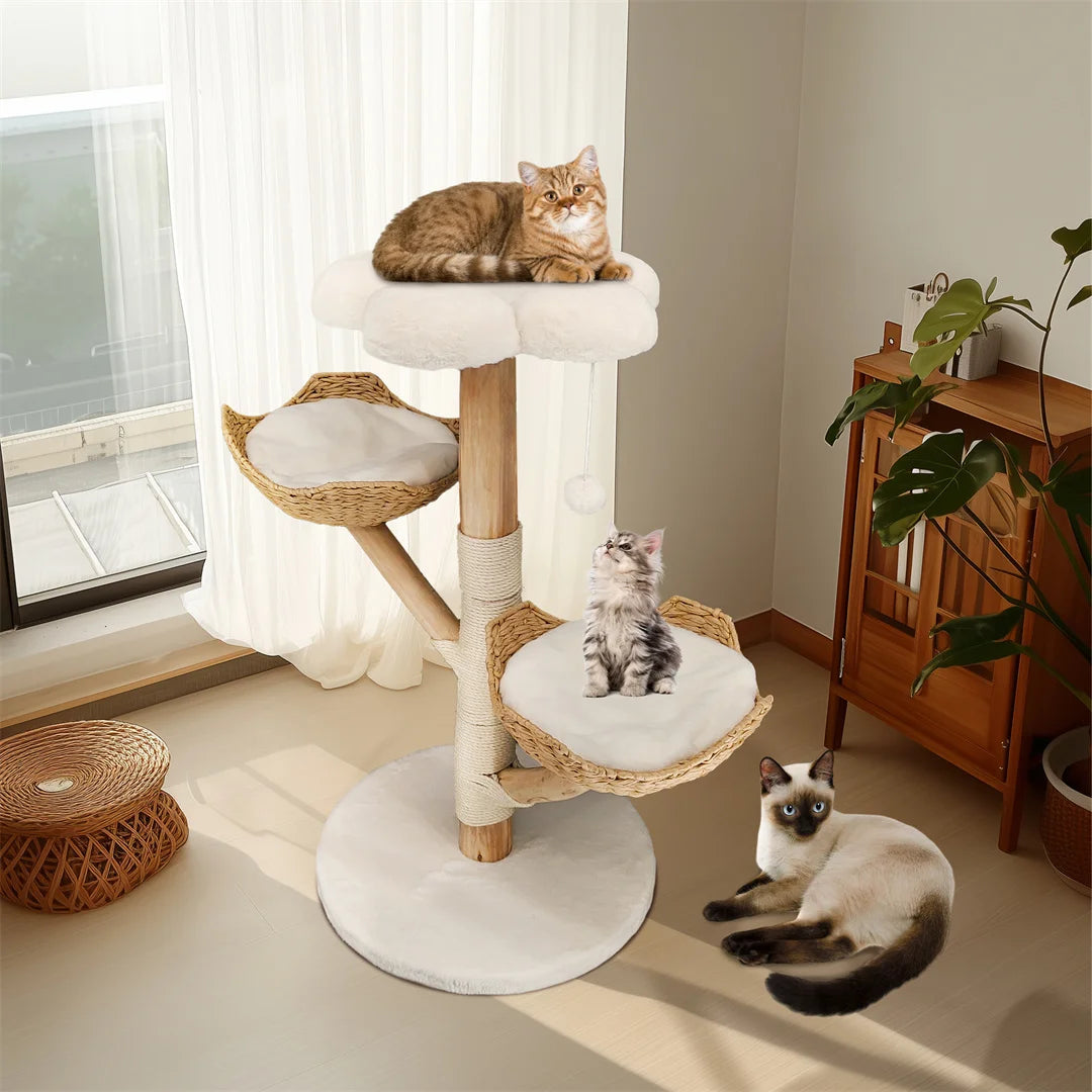 Arbre à Chat 111 cm Bois Saule Naturel — Griffoir Sisal Panier Amovible Balle Pendante — Arbre à Chat CATLYX
