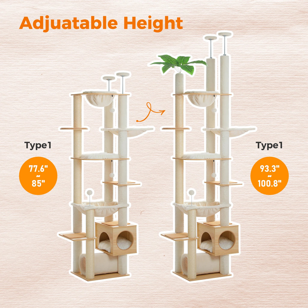 Arbre à Chat Sol-Plafond Réglable en Bois — Hamac et Griffoirs Sisal