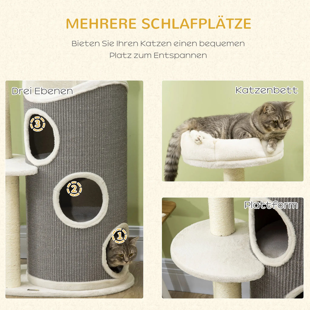 Arbre à Chat 109 cm PawHut — Design Soleil 3 Niveaux 3 Ouvertures Blanc Gris — Arbre à Chat CATLYX