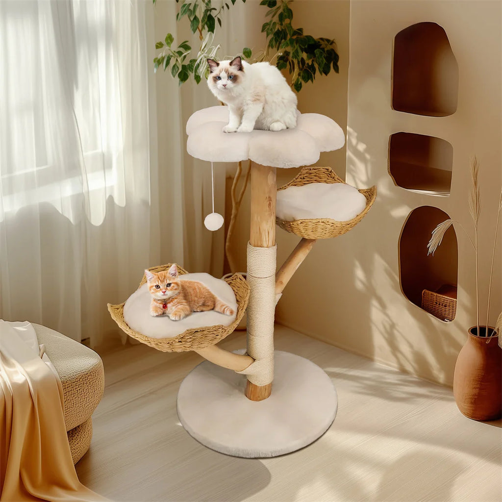 Arbre à Chat 111 cm Bois Saule Naturel — Griffoir Sisal Panier Amovible Balle Pendante — Arbre à Chat CATLYX