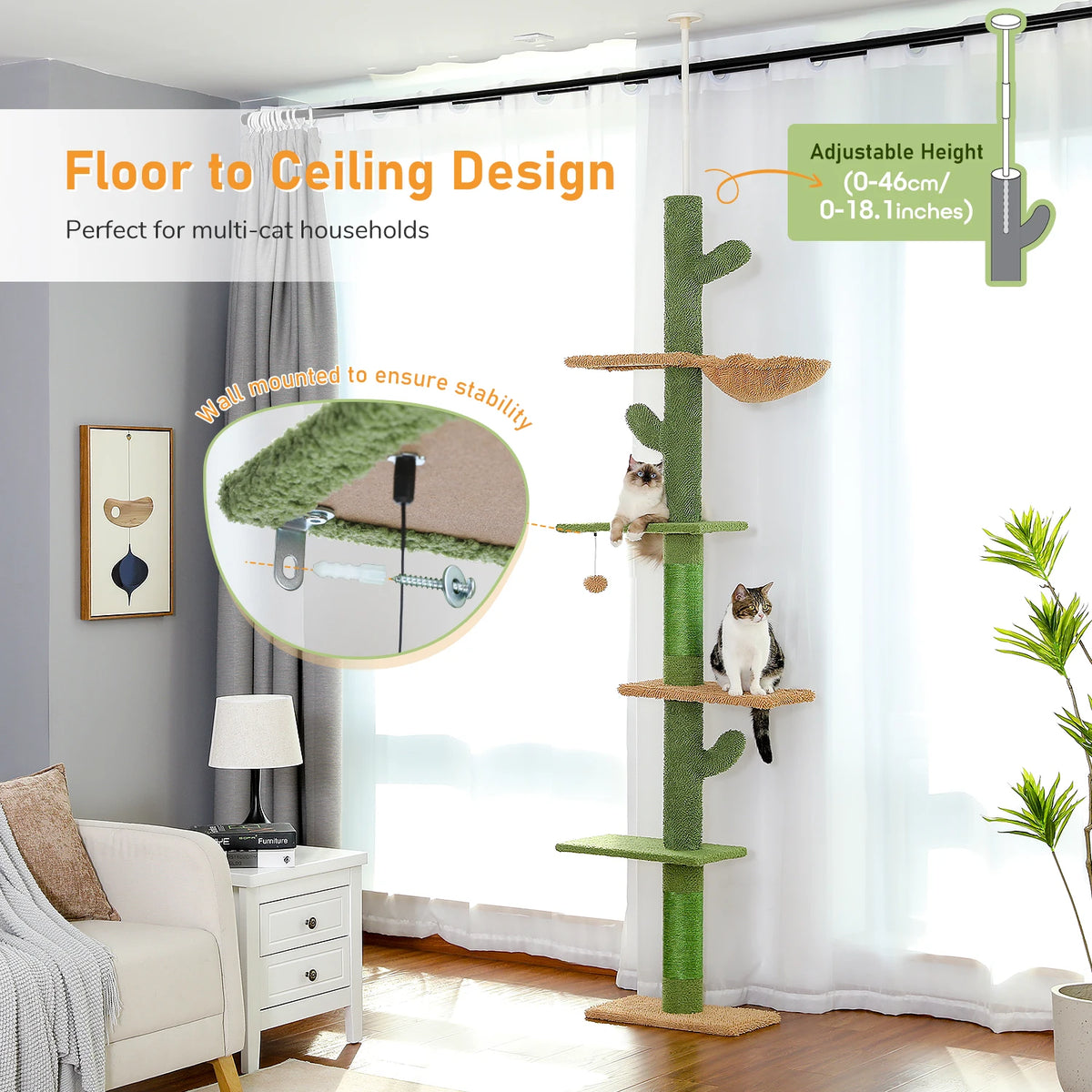 Arbre à Chat Cactus Sol au Plafond — 5 Niveaux Réglable 229 à 275 cm Hamac Sisal Vert — Arbre à Chat CATLYX