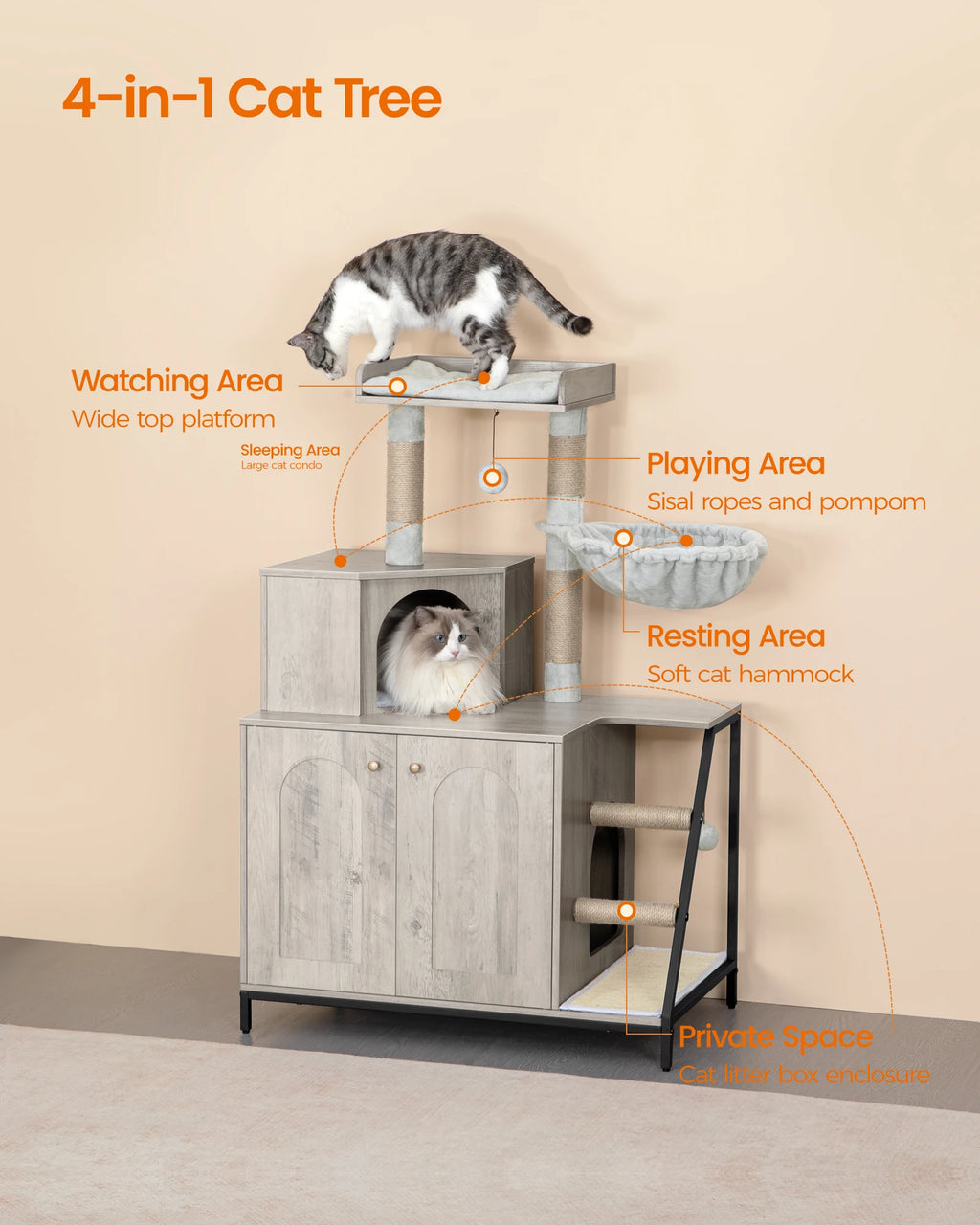 Arbre à Chat Meuble Litière 4-en-1 — Grande Plateforme