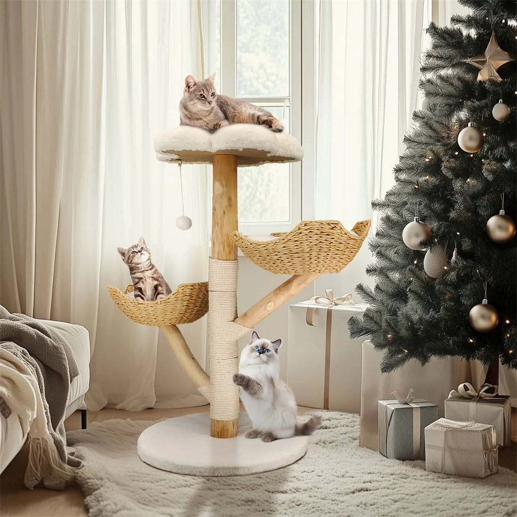 Arbre à Chat 111 cm Bois Saule Naturel — Griffoir Sisal Panier Amovible Balle Pendante — Arbre à Chat CATLYX