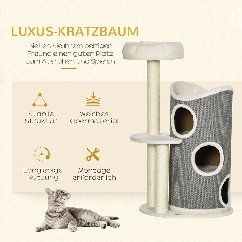Arbre à Chat 109 cm PawHut — Design Soleil 3 Niveaux 3 Ouvertures Blanc Gris — Arbre à Chat CATLYX