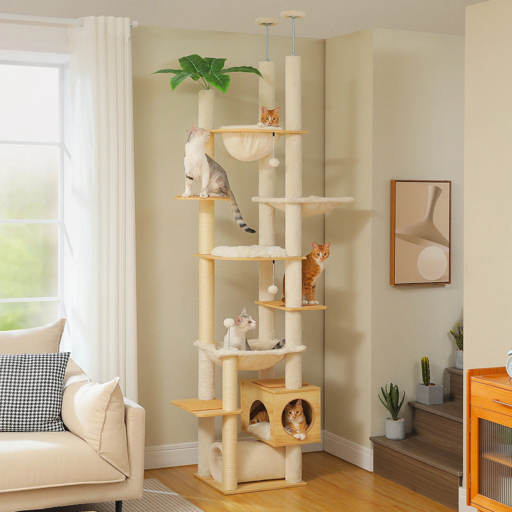 Arbre à Chat Sol-Plafond Réglable en Bois — Hamac et Griffoirs Sisal