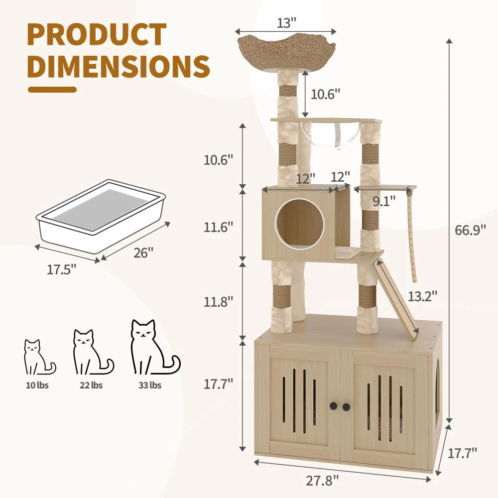 Arbre à Chat 170 cm avec Meuble Litière Intégré — Griffoir Sisal