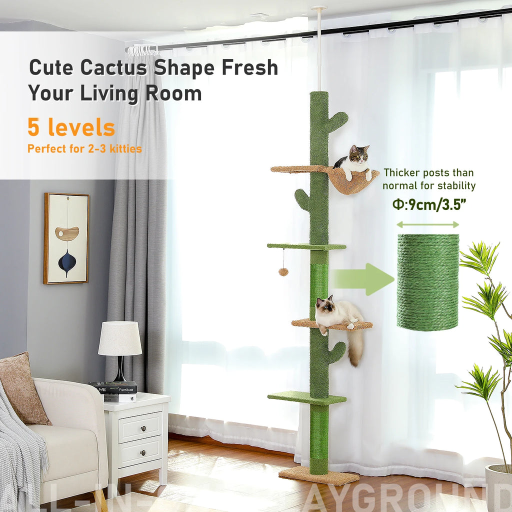 Arbre à Chat Cactus Sol au Plafond — 5 Niveaux Réglable 229 à 275 cm Hamac Sisal Vert — Arbre à Chat CATLYX