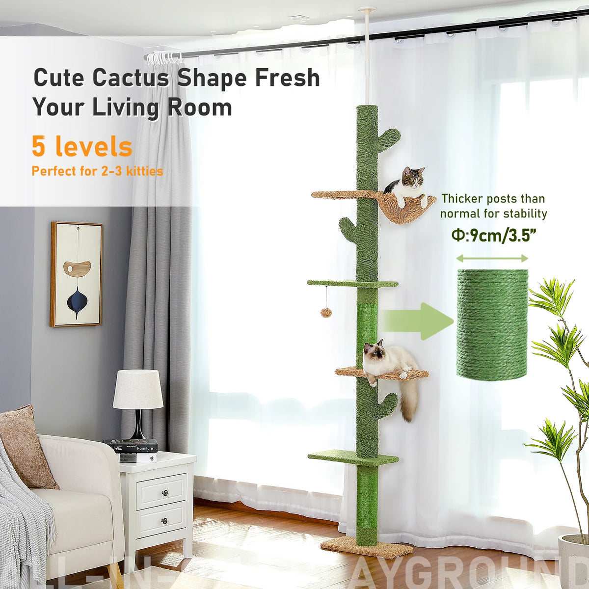 Arbre à Chat Cactus Sol au Plafond — 5 Niveaux Réglable 229 à 275 cm Hamac Sisal Vert — Arbre à Chat CATLYX