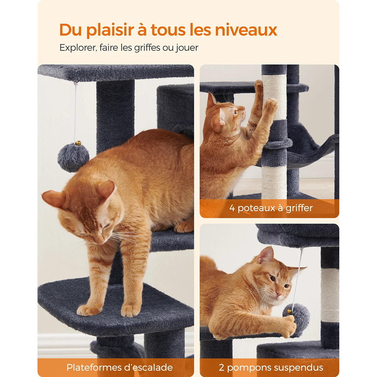 Arbre à Chat 112 cm — Tour Multi-Niveaux avec Griffoirs Sisal et 2 Perchoirs