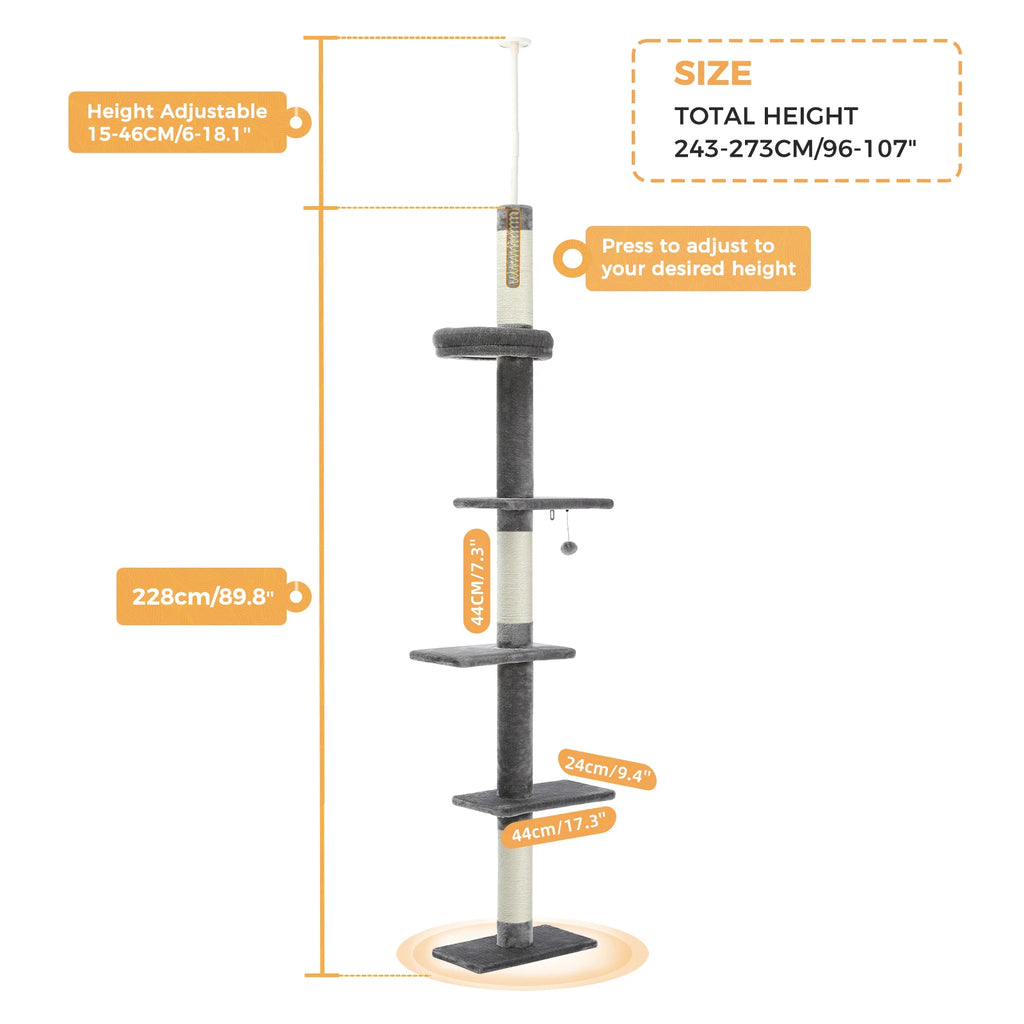 Arbre à Chat Sol au Plafond — Hauteur Réglable 228 à 273 cm 3 Plateformes Sisal — Arbre à Chat CATLYX