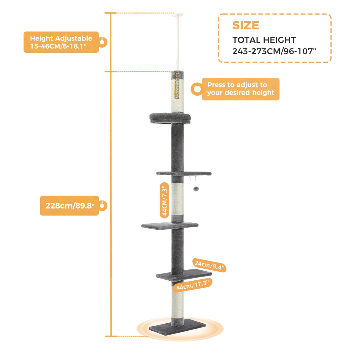 Arbre à Chat Sol au Plafond — Hauteur Réglable 228 à 273 cm 3 Plateformes Sisal — Arbre à Chat CATLYX
