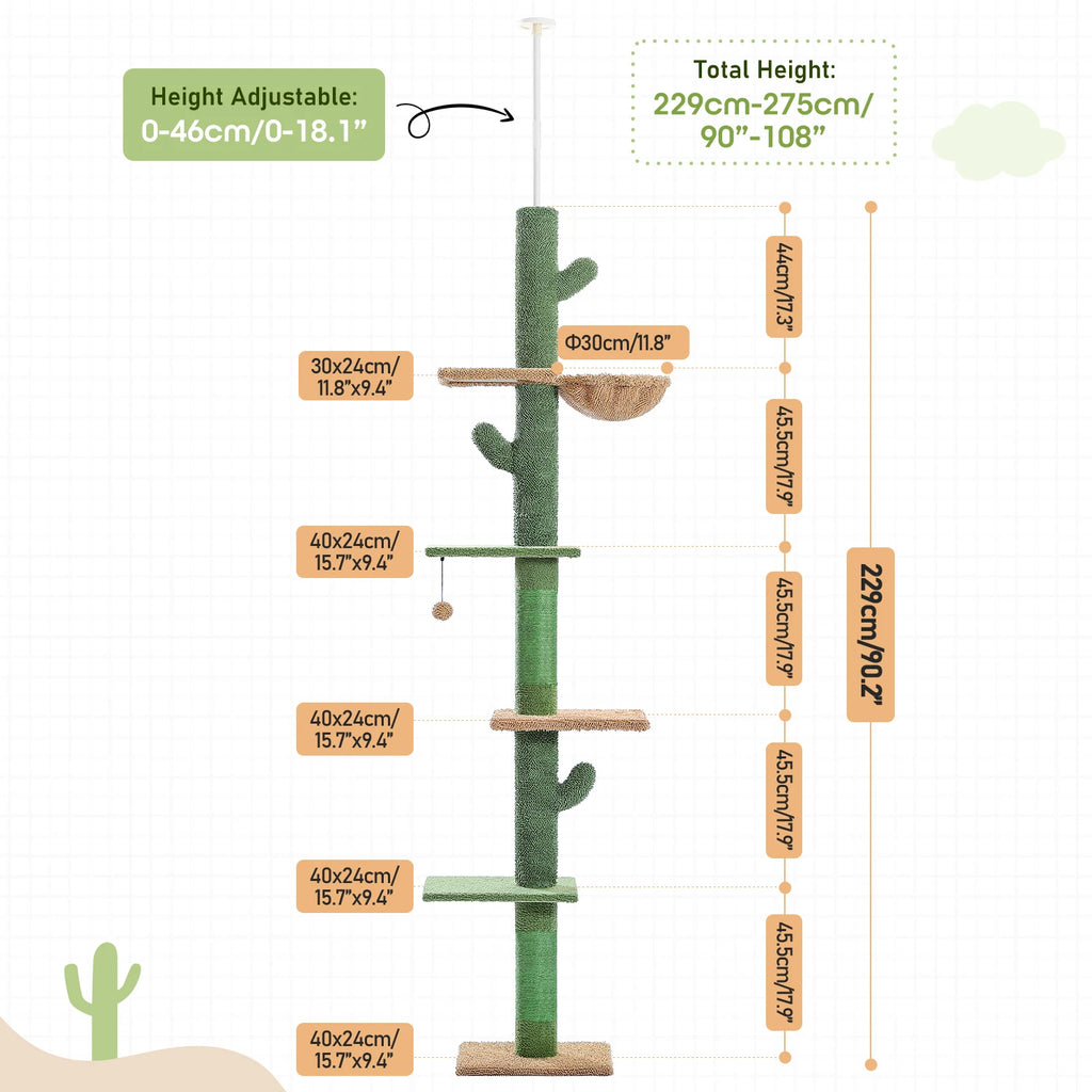 Arbre à Chat Cactus Sol au Plafond — 5 Niveaux Réglable 229 à 275 cm Hamac Sisal Vert — Arbre à Chat CATLYX