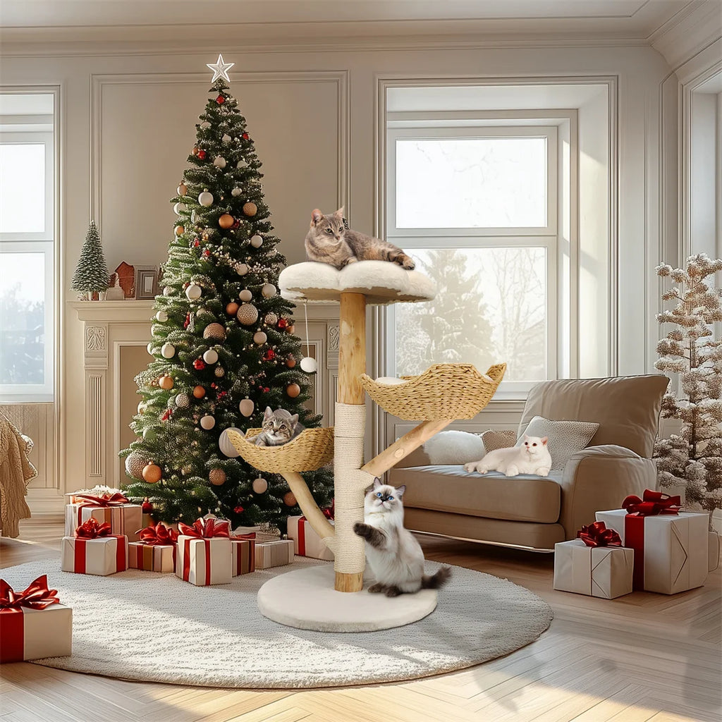 Arbre à Chat 111 cm Bois Saule Naturel — Griffoir Sisal Panier Amovible Balle Pendante — Arbre à Chat CATLYX