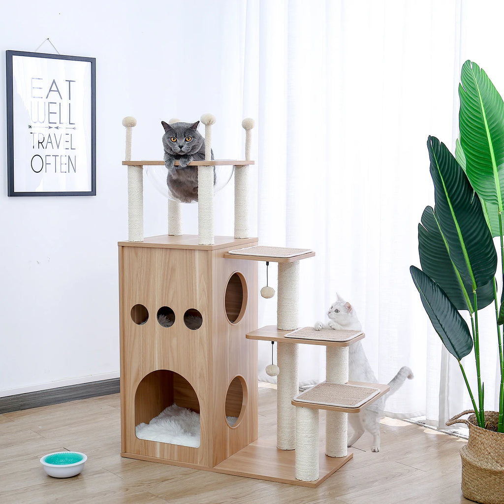 Arbre à Chat Bois Multi-Niveaux — Condo Spacieux Hamac Acrylique Perchoir Beige — Arbre à Chat CATLYX