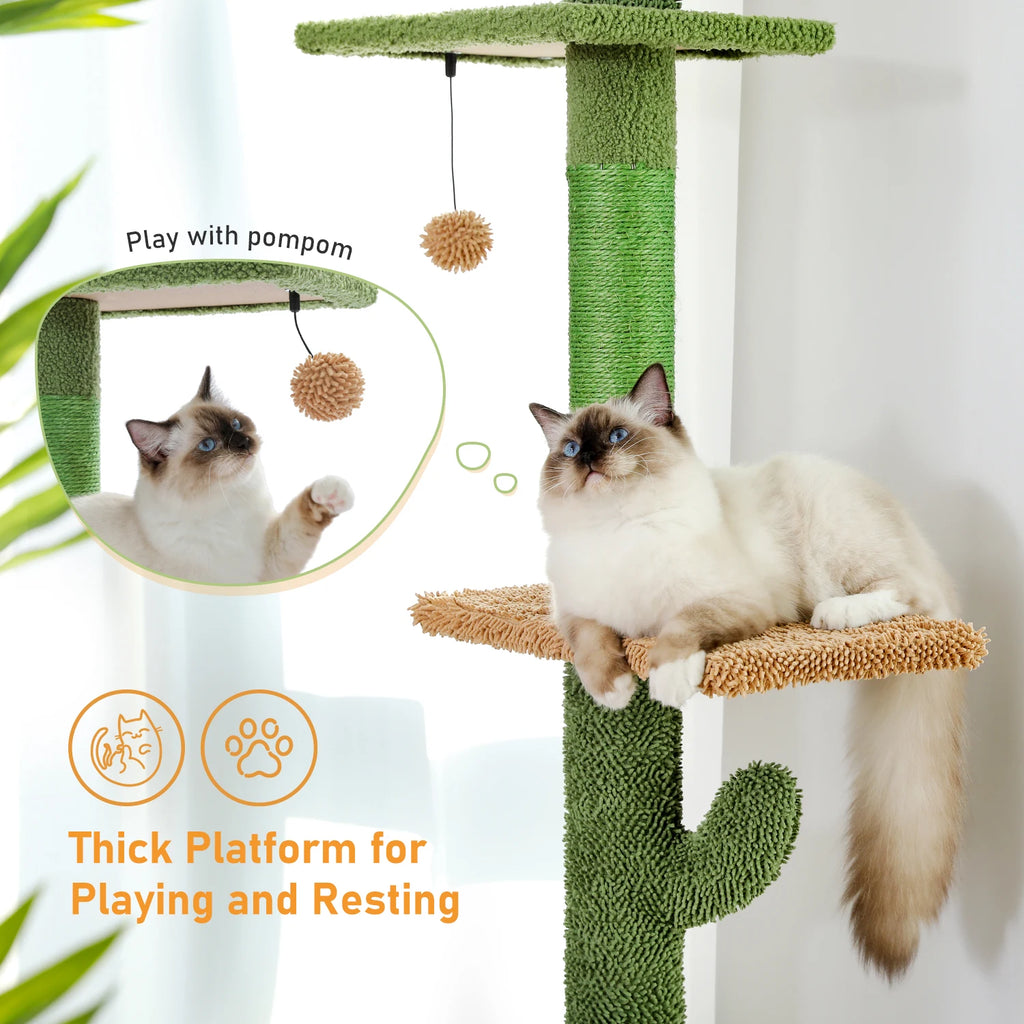 Arbre à Chat Cactus Sol au Plafond — 5 Niveaux Réglable 229 à 275 cm Hamac Sisal Vert — Arbre à Chat CATLYX