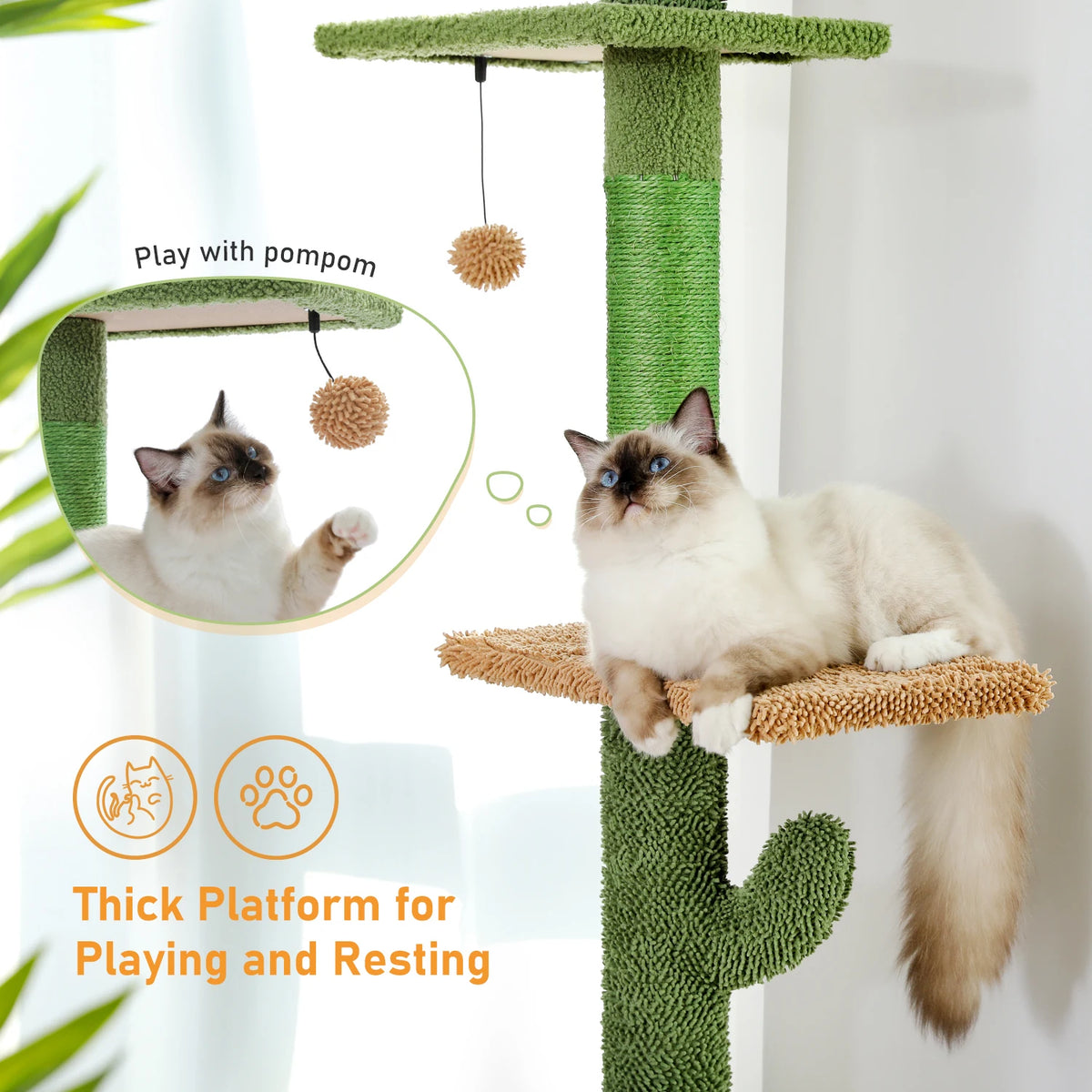 Arbre à Chat Cactus Sol au Plafond — 5 Niveaux Réglable 229 à 275 cm Hamac Sisal Vert — Arbre à Chat CATLYX