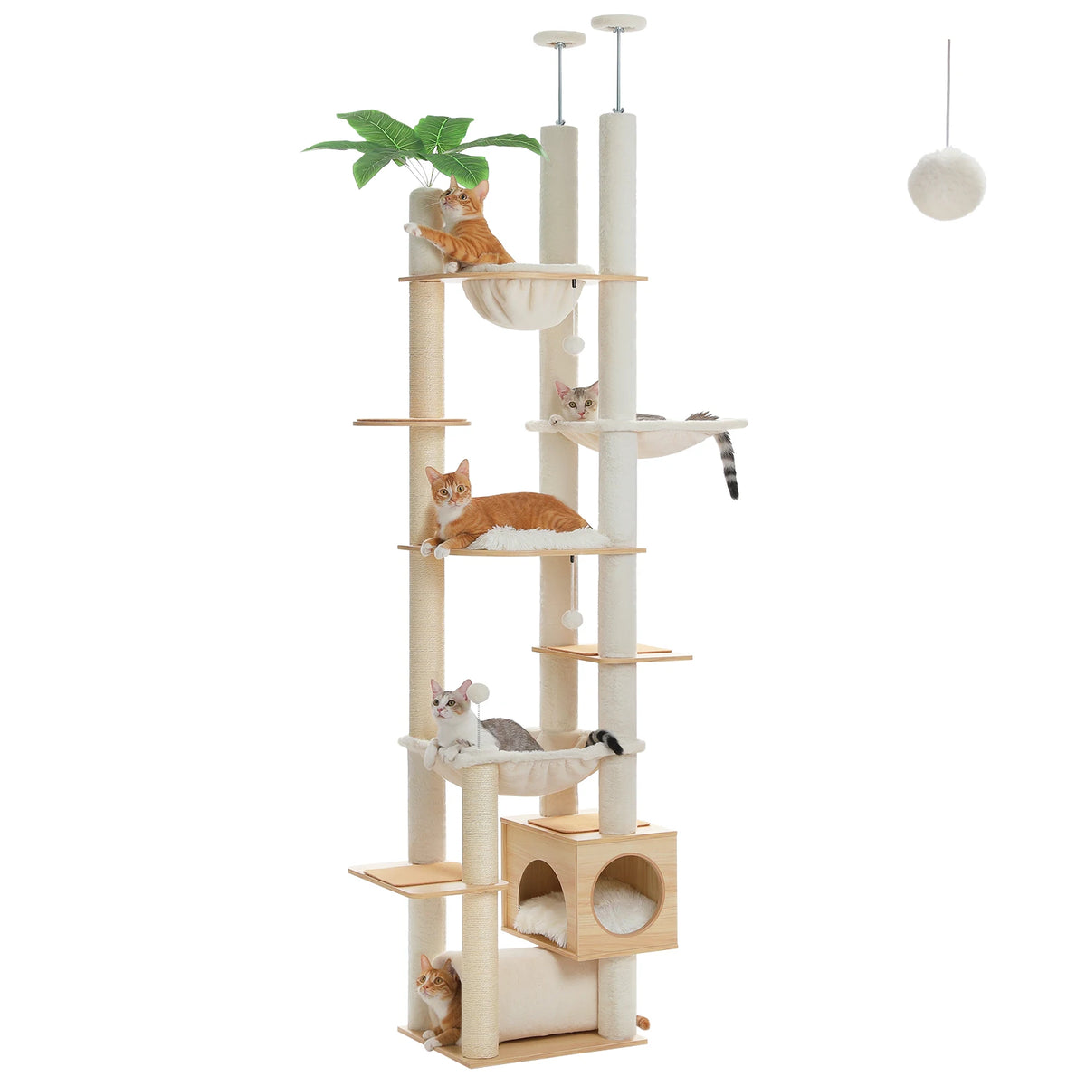 Arbre à Chat Sol-Plafond Réglable en Bois — Hamac et Griffoirs Sisal