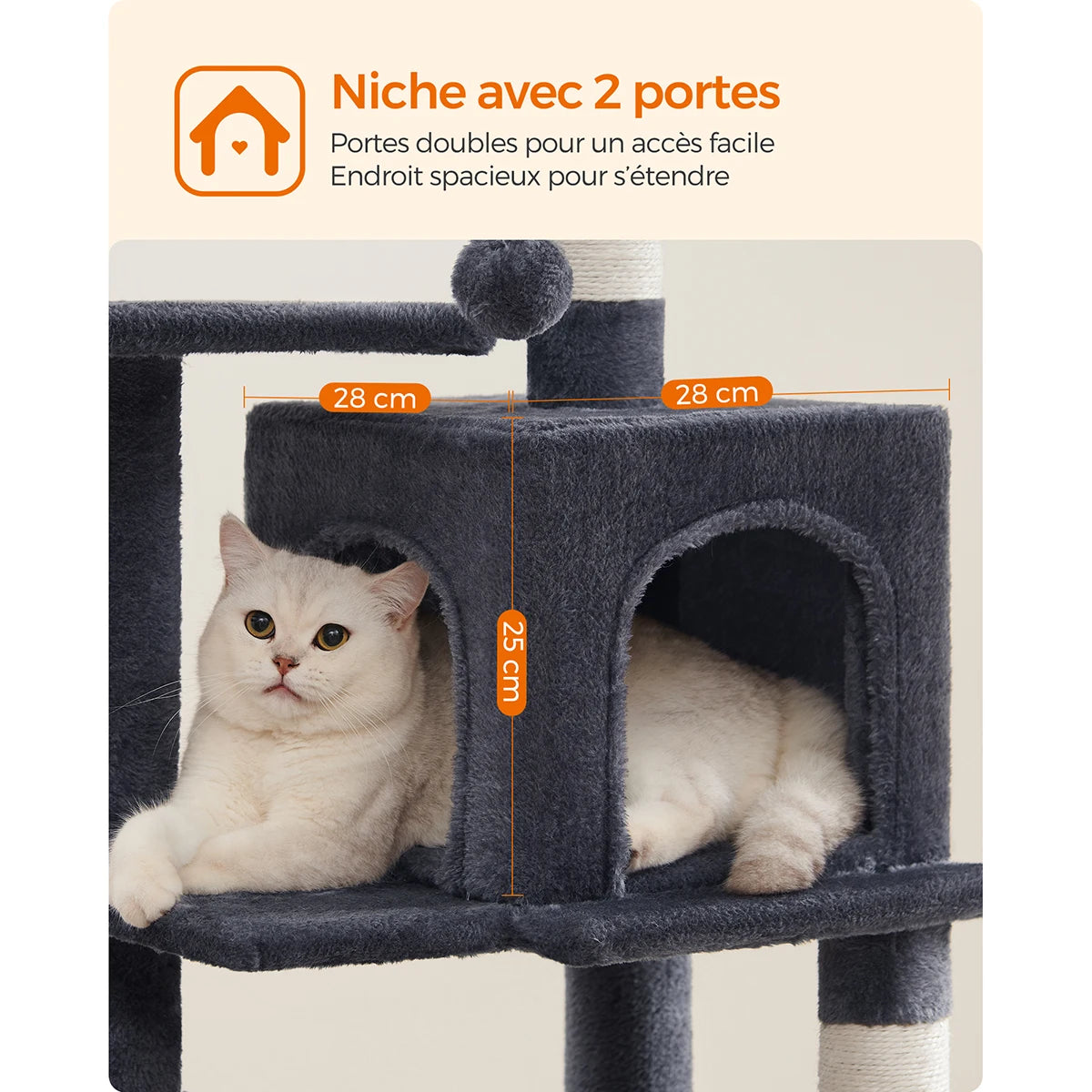 Arbre à Chat 112 cm — Tour Multi-Niveaux avec Griffoirs Sisal et 2 Perchoirs