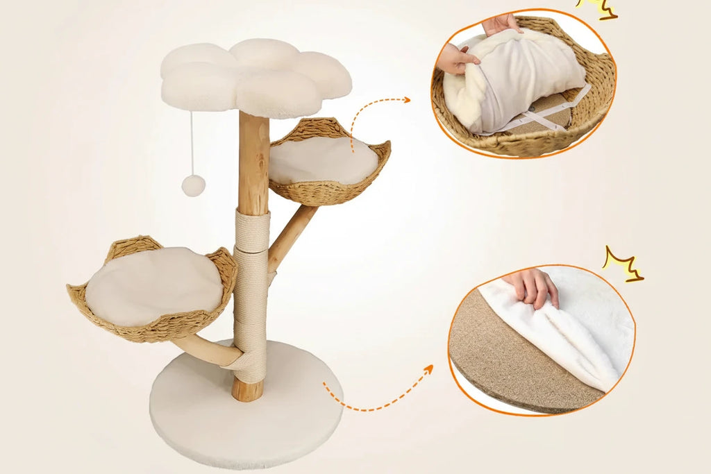 Arbre à Chat 111 cm Bois Saule Naturel — Griffoir Sisal Panier Amovible Balle Pendante — Arbre à Chat CATLYX