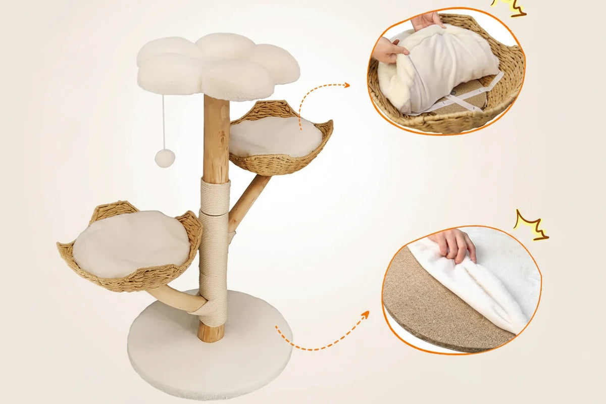 Arbre à Chat 111 cm Bois Saule Naturel — Griffoir Sisal Panier Amovible Balle Pendante — Arbre à Chat CATLYX