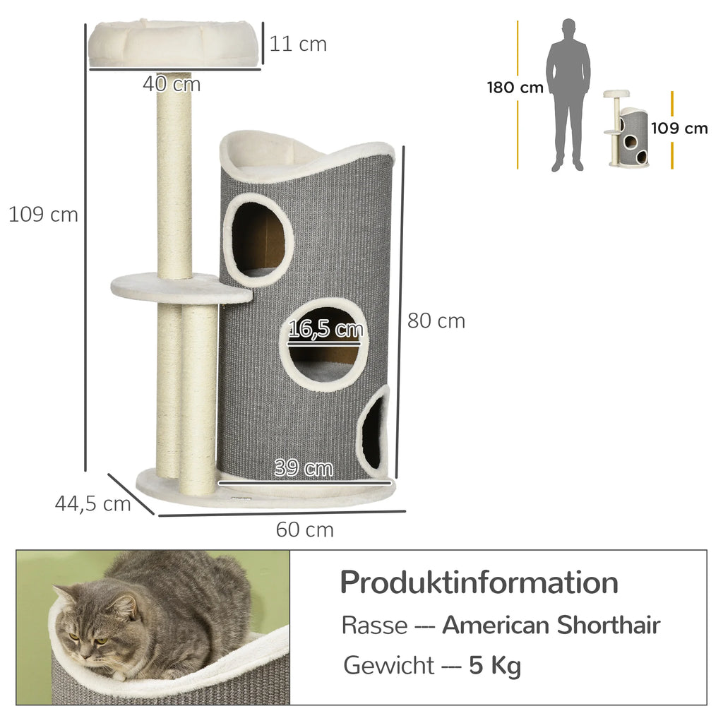 Arbre à Chat 109 cm PawHut — Design Soleil 3 Niveaux 3 Ouvertures Blanc Gris — Arbre à Chat CATLYX