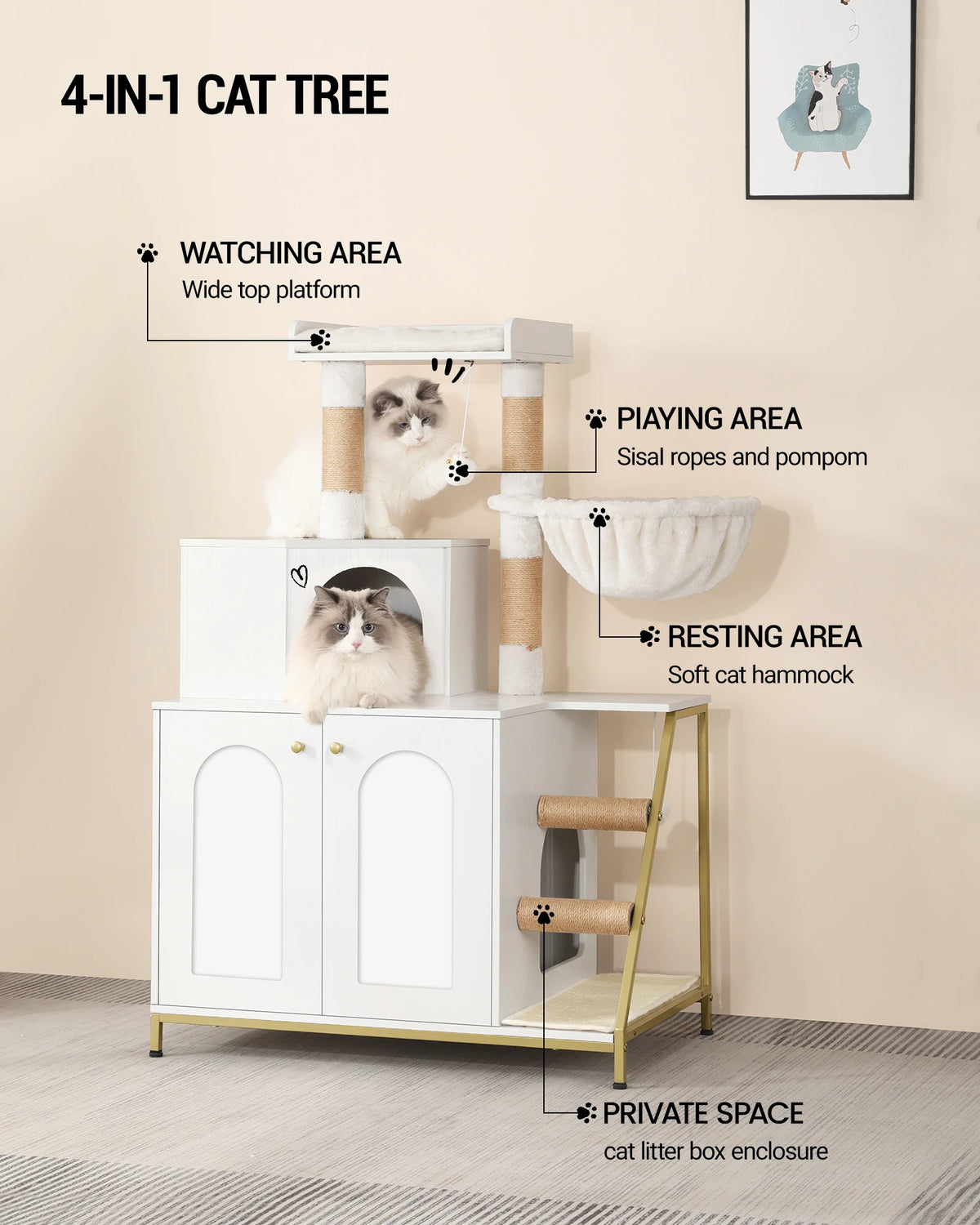 Arbre à Chat Meuble Litière 4-en-1 — Grande Plateforme