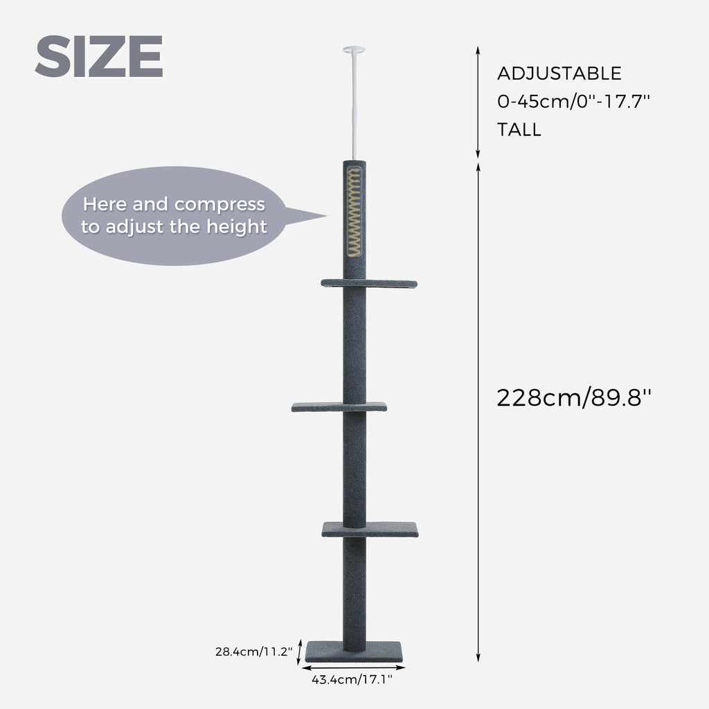 Arbre à Chat Sol au Plafond — Hauteur Réglable 228 à 273 cm 3 Plateformes Sisal — Arbre à Chat CATLYX