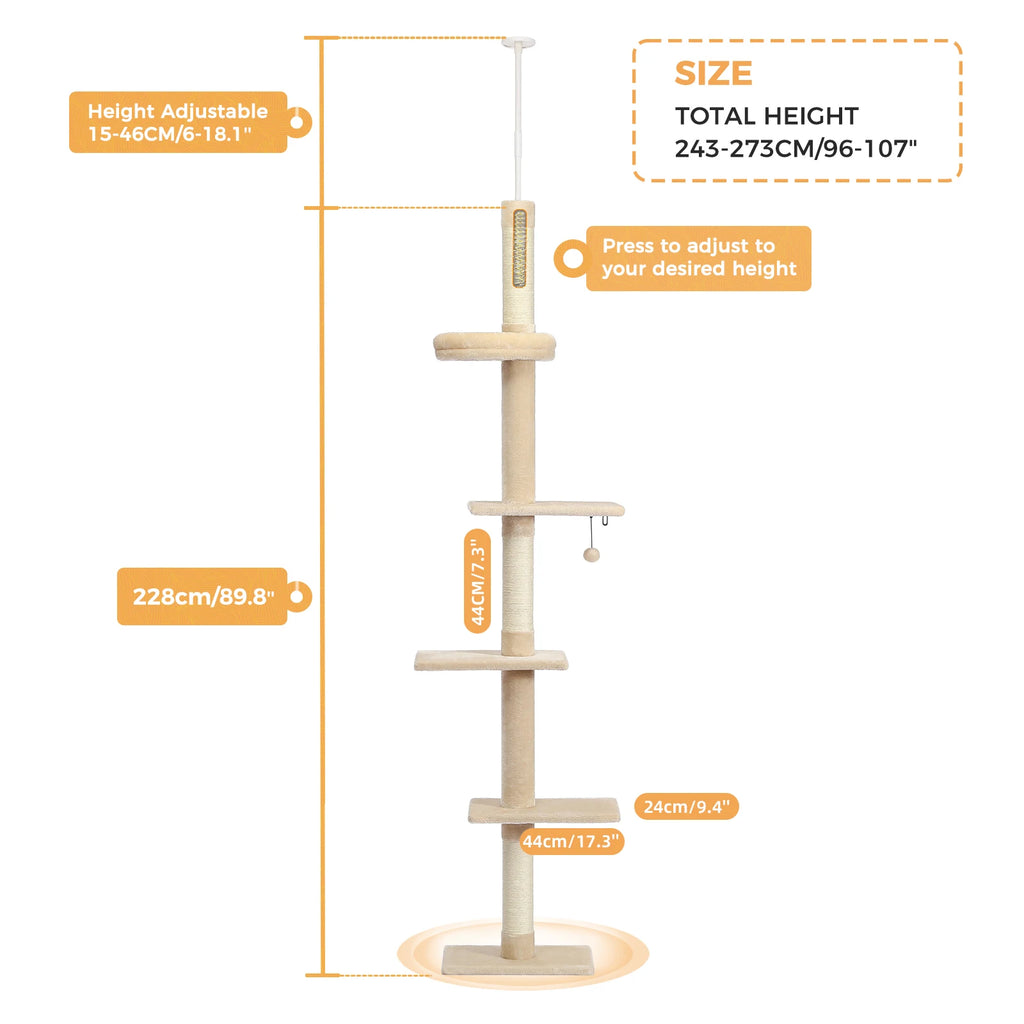 Arbre à Chat Sol au Plafond — Hauteur Réglable 228 à 273 cm 3 Plateformes Sisal — Arbre à Chat CATLYX
