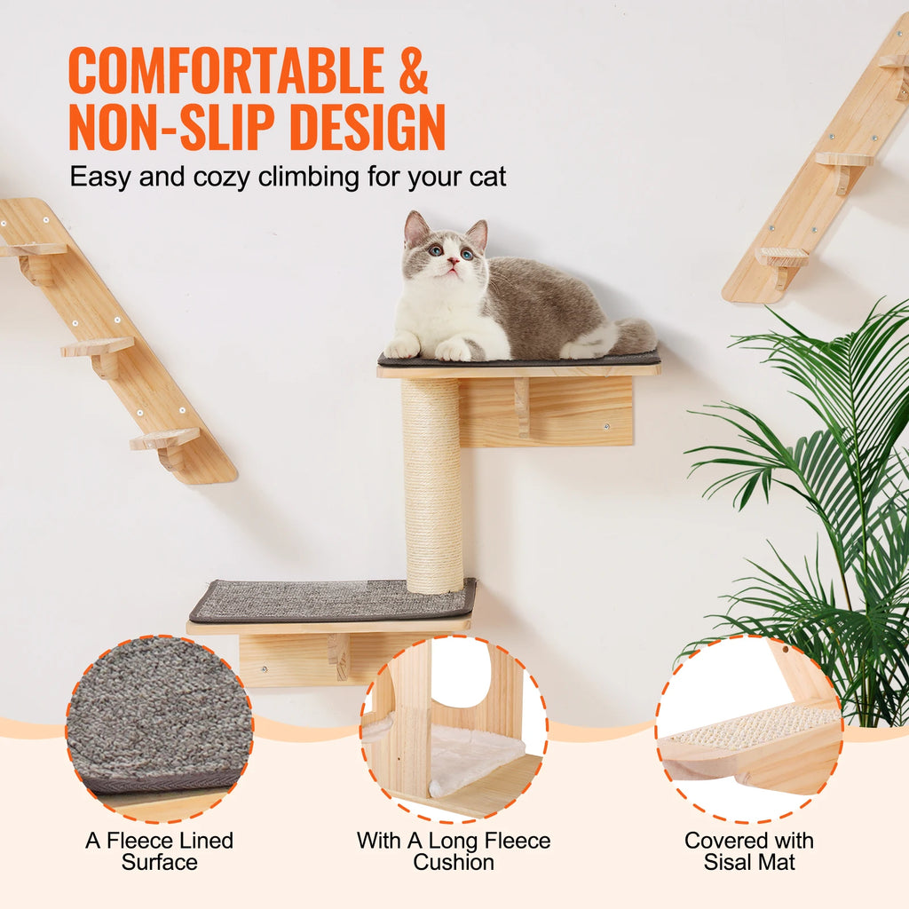 Étagères Murales pour Chat — Kit Complet Bois Pin 12 mm Charge 18 kg Hamac — Arbre à Chat CATLYX