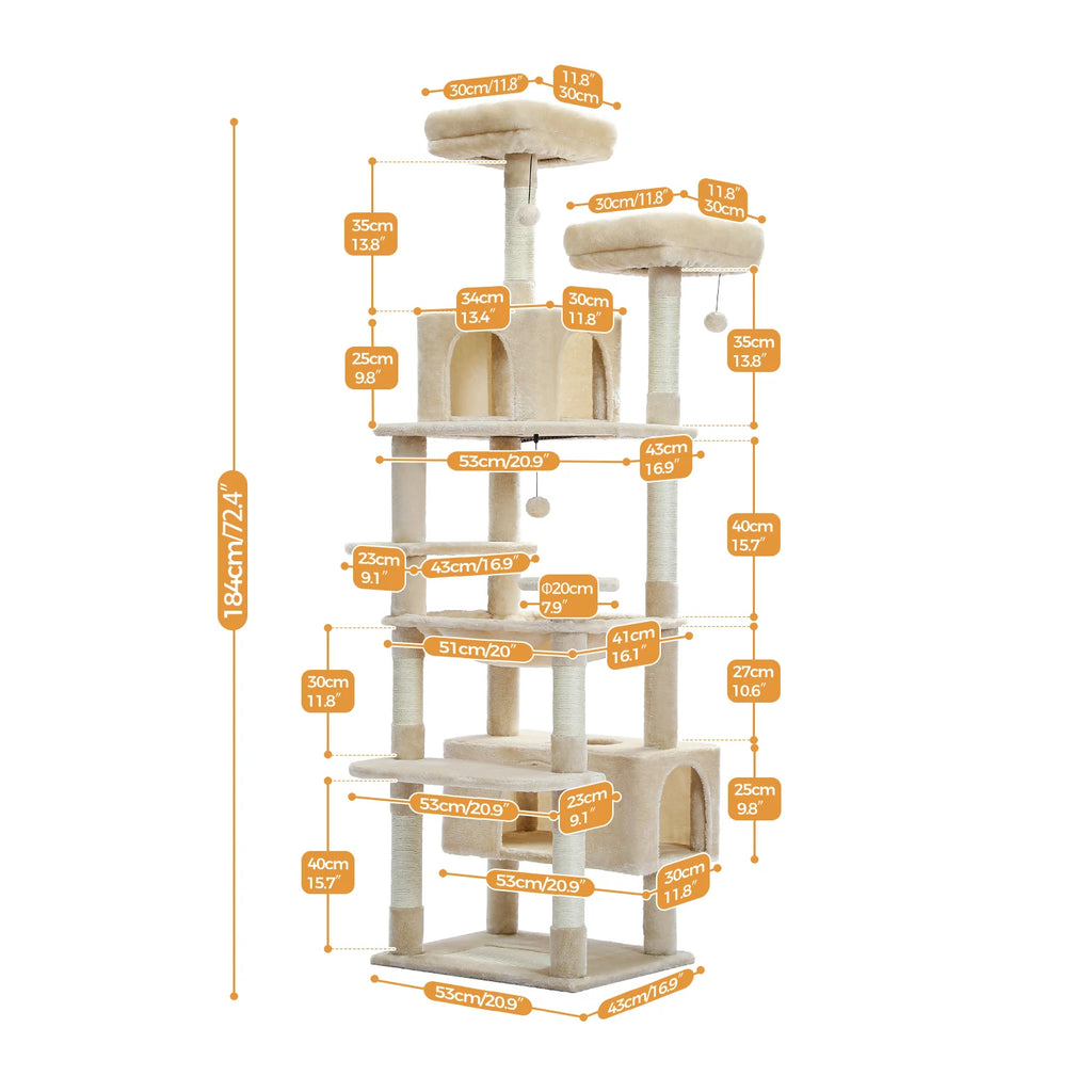 Arbre à Chat 184 cm — 8 Niveaux Condo XL 53x30x25 cm 7 Poteaux Sisal Griffoir Horizontal — Arbre à Chat CATLYX