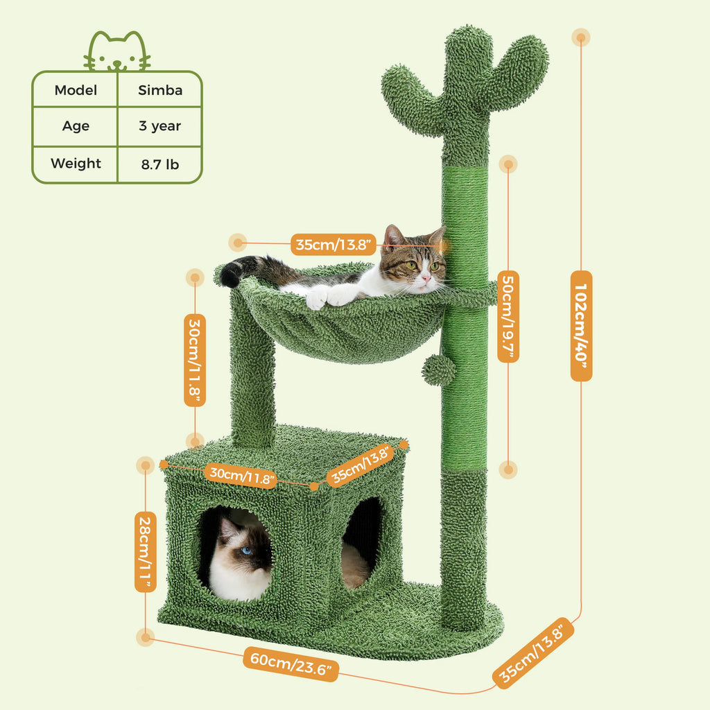 Arbre à Chat Cactus 102 cm — Condo Hamac Métal Griffoir Sisal Vert — Arbre à Chat CATLYX