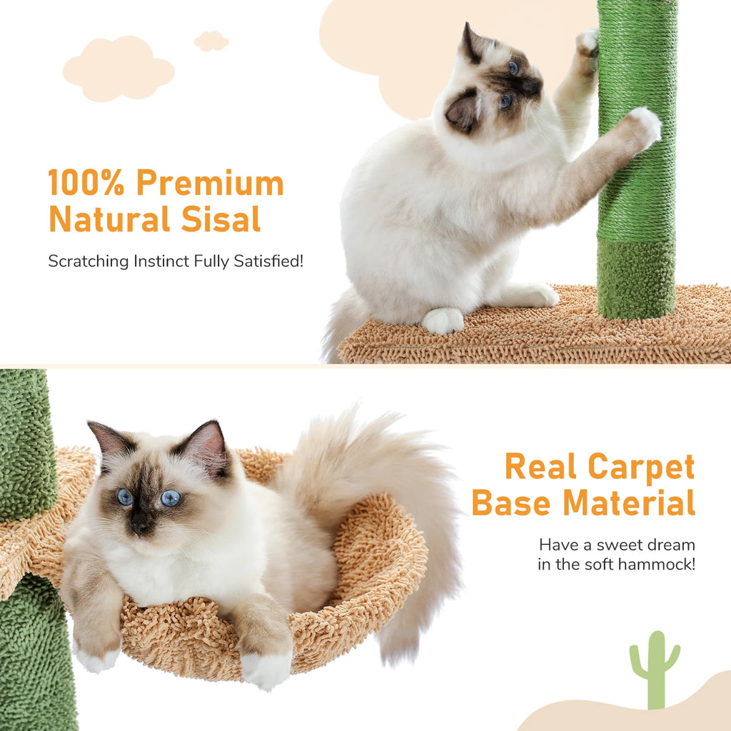 Arbre à Chat Cactus Sol au Plafond — 5 Niveaux Réglable 229 à 275 cm Hamac Sisal Vert — Arbre à Chat CATLYX
