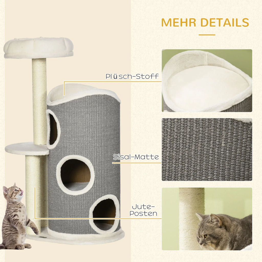 Arbre à Chat 109 cm PawHut — Design Soleil 3 Niveaux 3 Ouvertures Blanc Gris — Arbre à Chat CATLYX